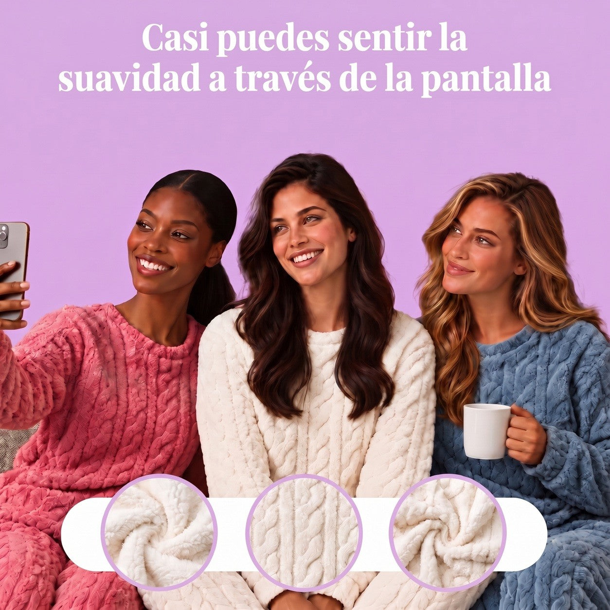 Tres mujeres con el conjunto de borreguito sherpa en rosa, crudo y azul, con tres primeros planos del tejido