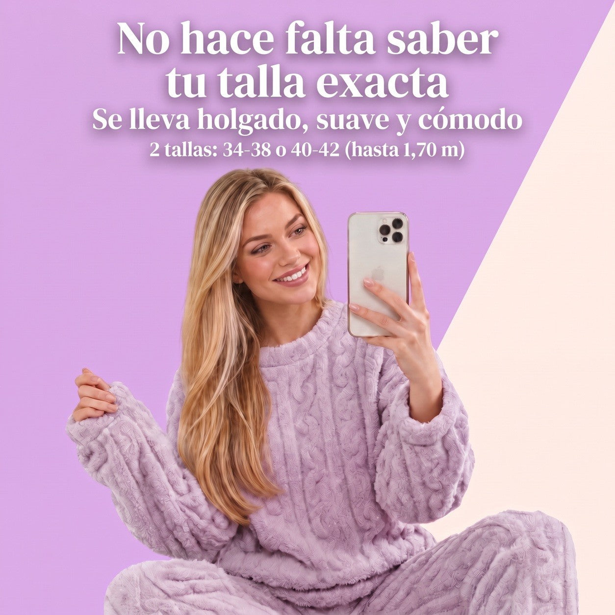 Femme blonde en ensemble cocooning violet qui se prend en photo avec son téléphone