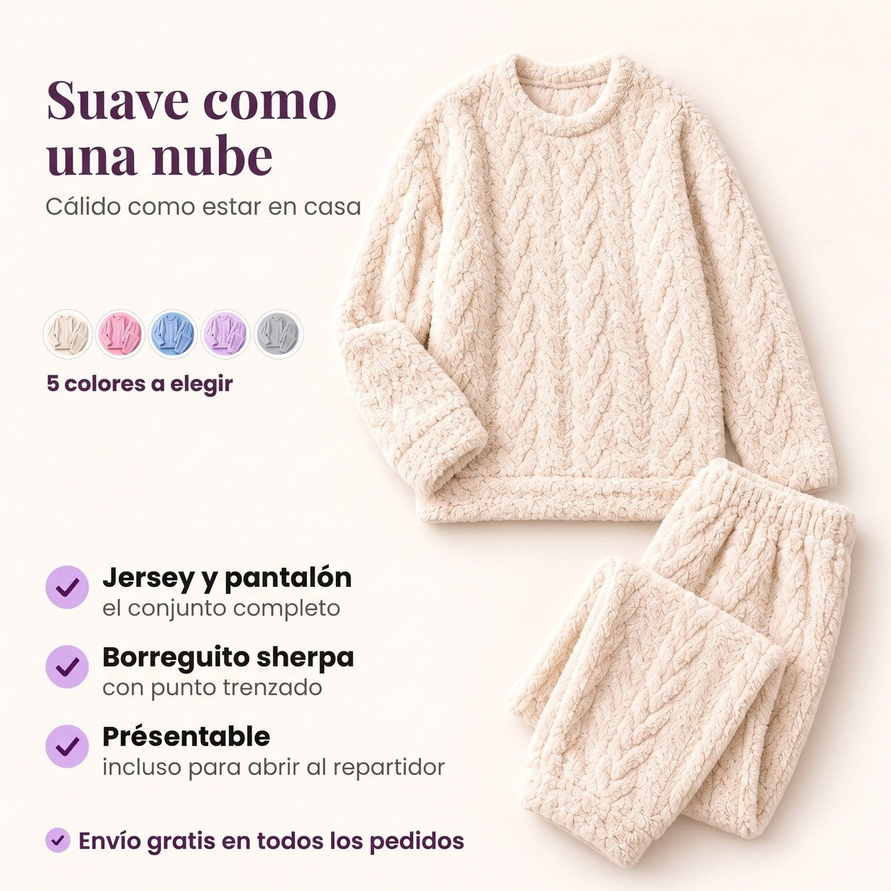 Conjunto de borreguito sherpa en crudo colocado en plano, jersey y pantalón de borreguito sherpa