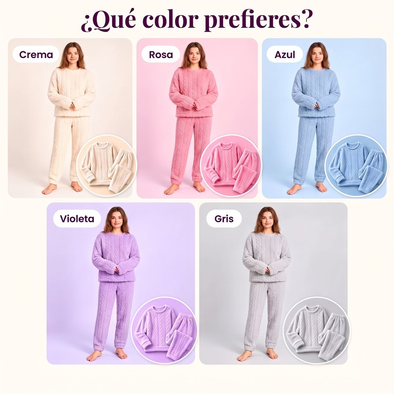 Los cinco colores del conjunto de borreguito sherpa puestos: crudo, rosa, azul, morado y gris