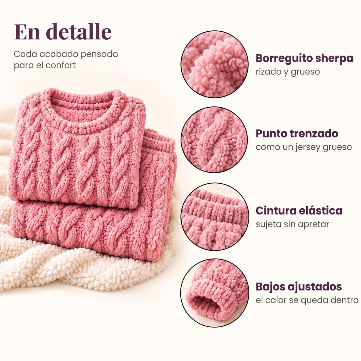 Detalles del conjunto de borreguito sherpa rosa: borreguito sherpa, tejido trenzado, cintura elástica, bajo ajustado