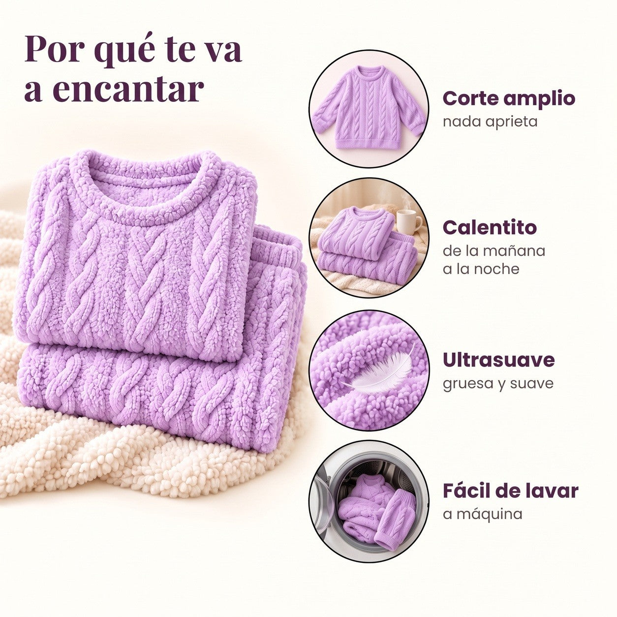 Conjunto de borreguito sherpa morado doblado y sus ventajas: corte holgado, bien calentito, ultramullido, fácil de lavar